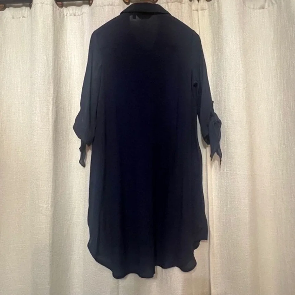 Mlle Gabrielle Women's Navy Blue‎ Button Down Dress Shirt Dress Tie Sleeve Sz PM